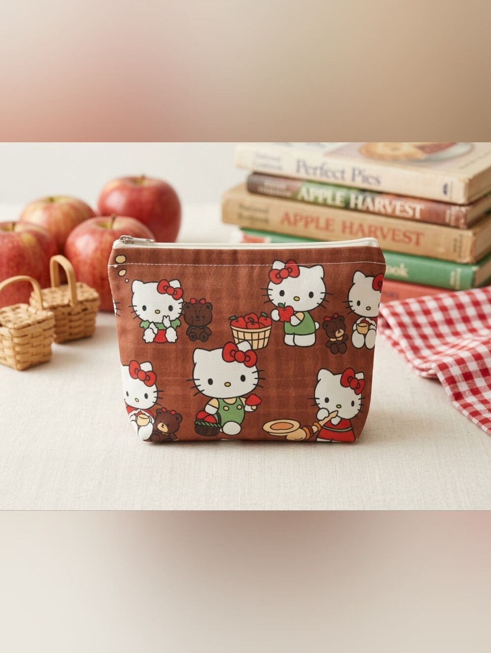 Hello Kitty Brown Canvas Pouch with Red Accents 9x6x2